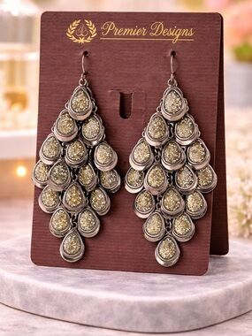 Premier Designs Silver & Green Glitter Teardrop Cascade Earrings